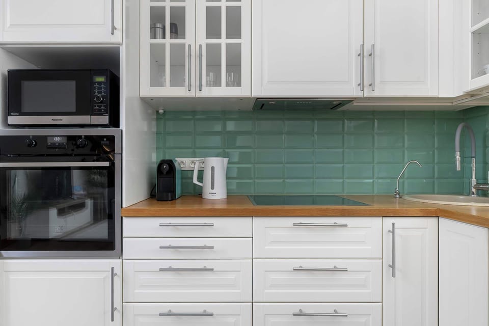 The dishwasher ensures easy cleanup after meals.