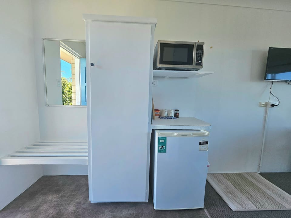 Fridge, microwave, electric kettle, toaster