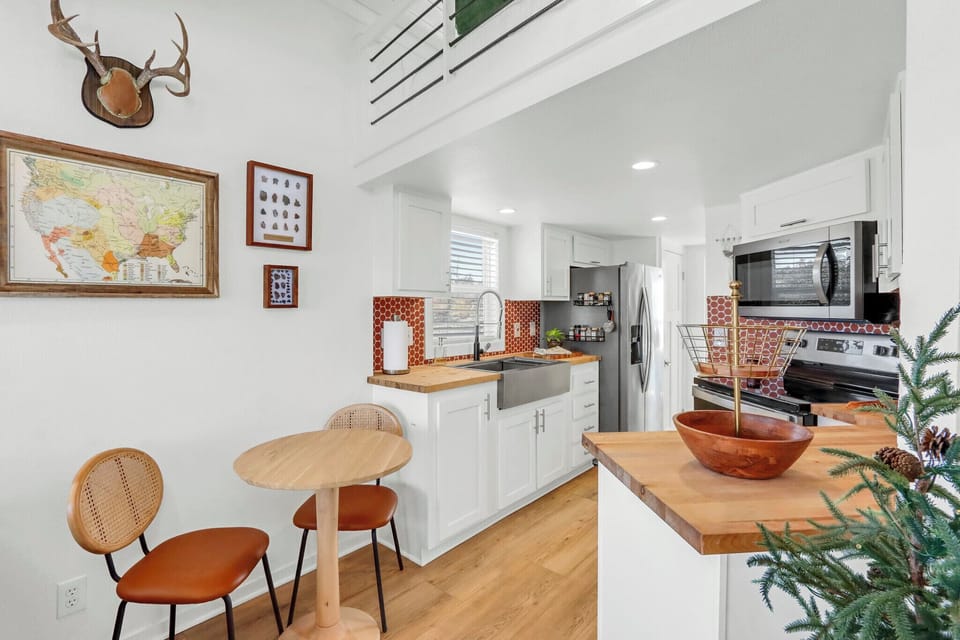 The kitchen is conveniently behind the seating