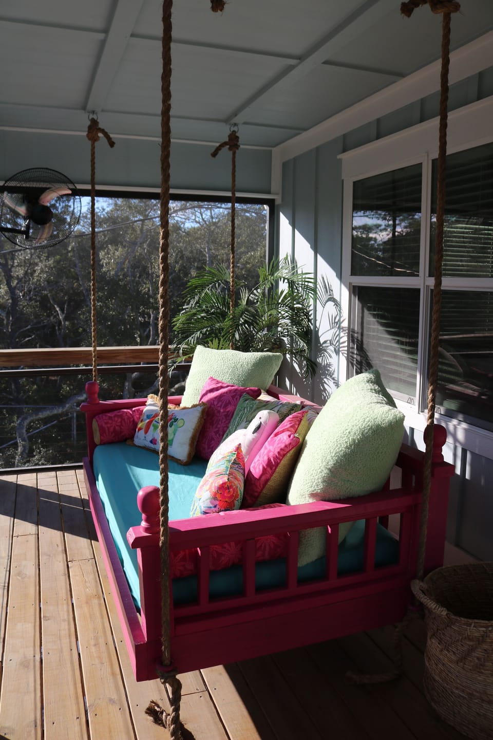 Screened in front porch with Bed Swing
