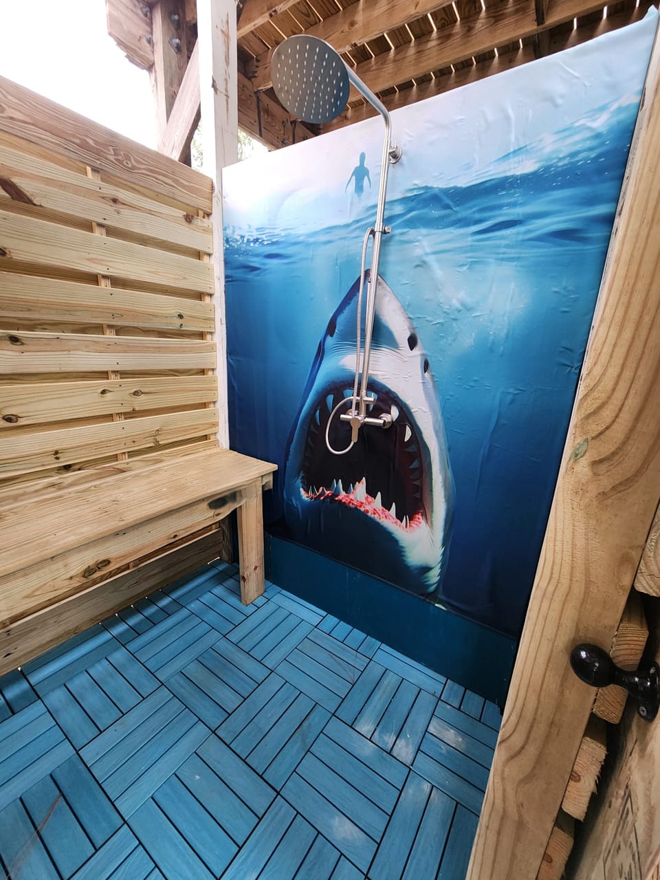 Shower with a Shark, Hot and Cold outdoor Shower
