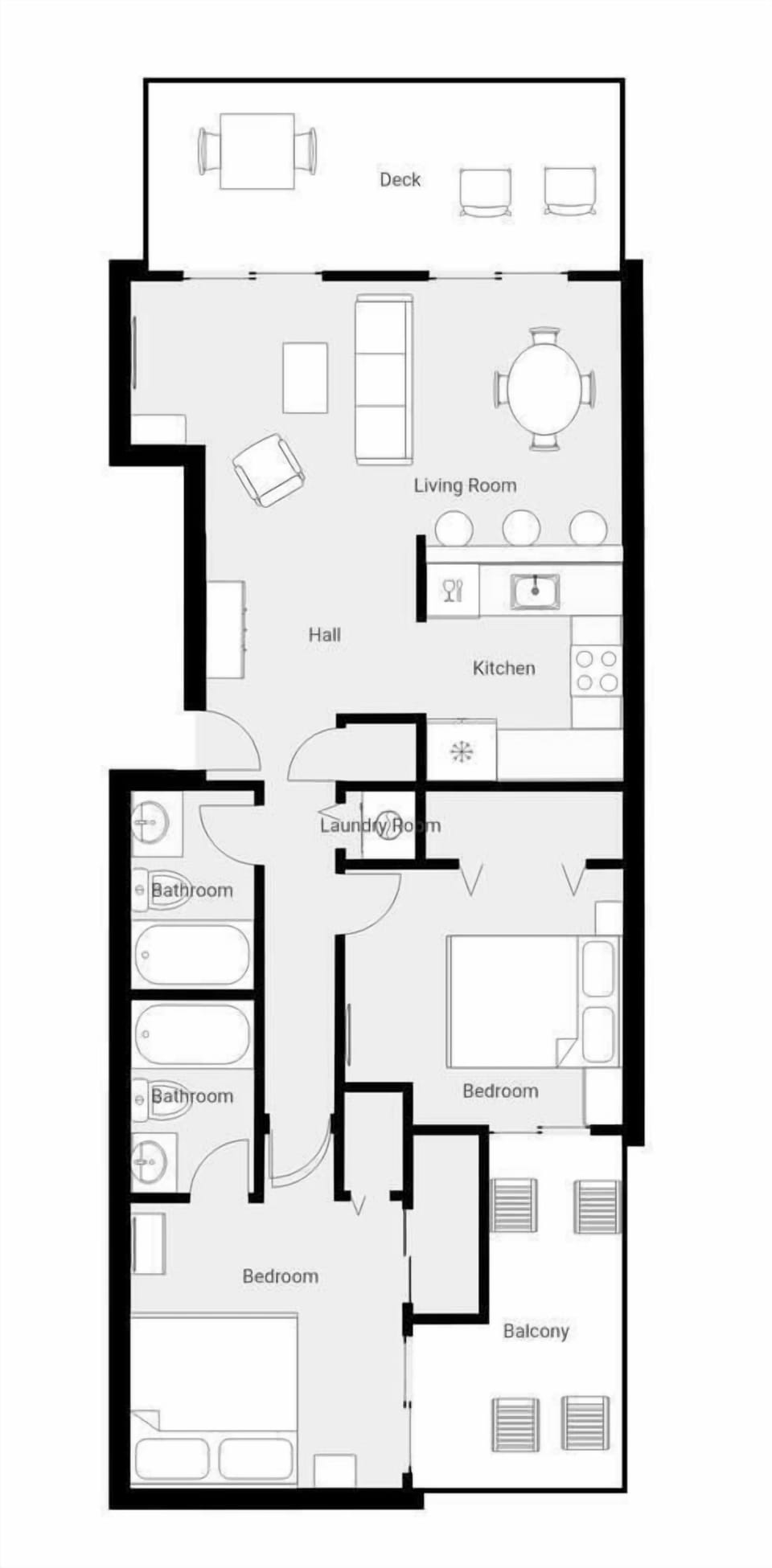 Property floor plan showcasing spacious layout with two bedrooms, bathrooms, fully equipped kitchen, and outdoor deck space for your comfort.