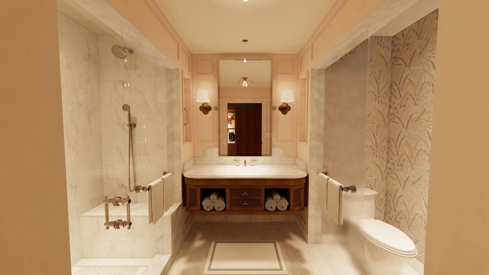 Designer toiletries, hair dryer, bathrobes, towels