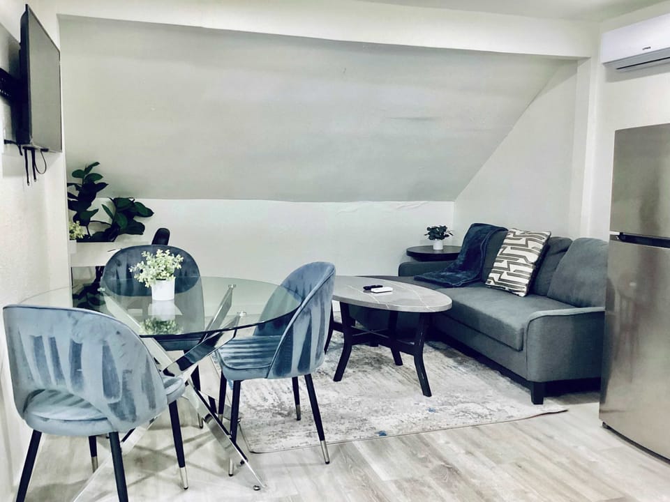 Quaint living, dining, and kitchen area with sofa sleeper and Smart TV