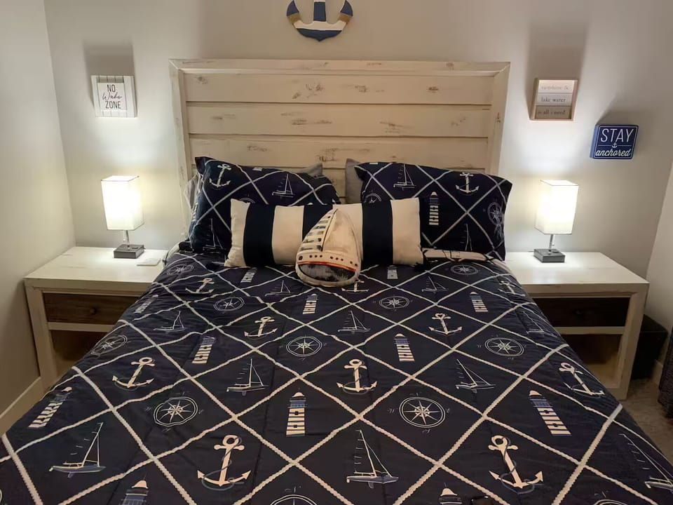 Nightstands have lamps that have a USB and an outlet for charging your devices.