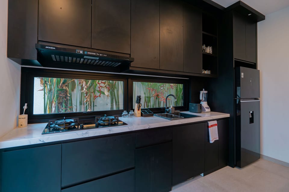 Family Triple Room, Balcony, Pool View | Private kitchen | Fridge, microwave, stovetop, cookware/dishes/utensils