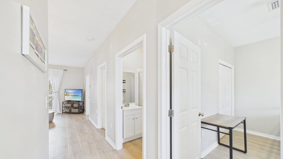 Entry-ways to guest bedroom and bathroom