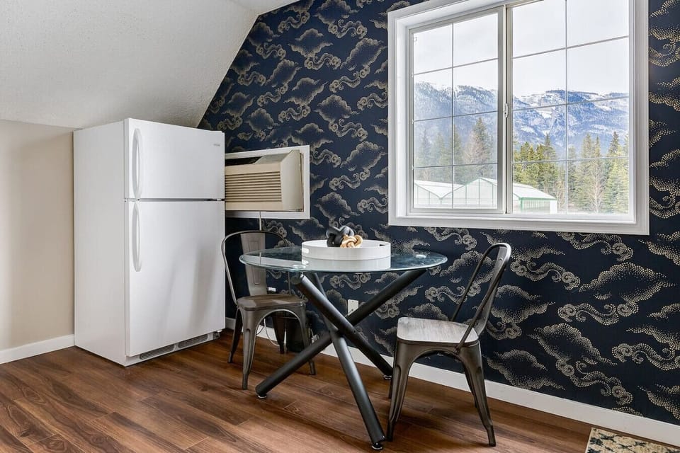 Kitchen space with cooking essentials and mountain view