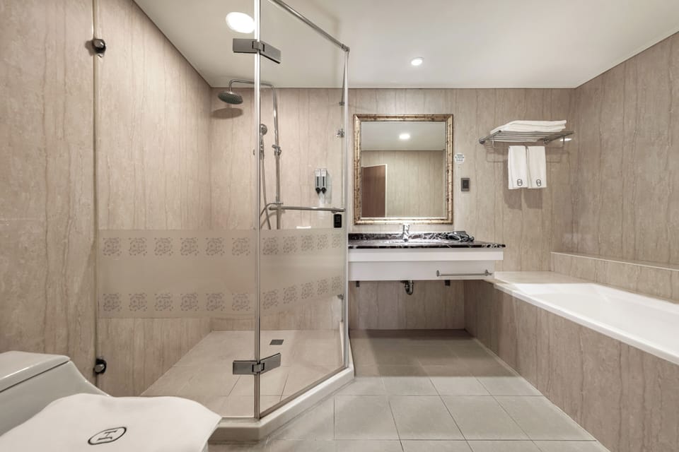 Deluxe Suite | Bathroom | Hair dryer, slippers, towels, shampoo