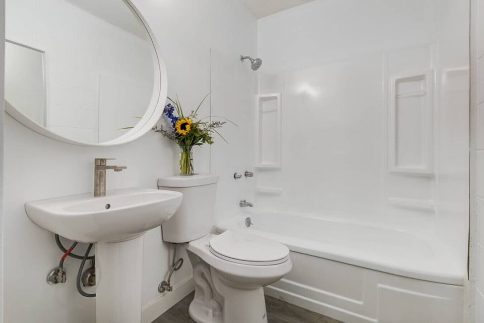 Full bathroom with all essentials such as shower gel, body soap, conditioner, shampoo, etc.