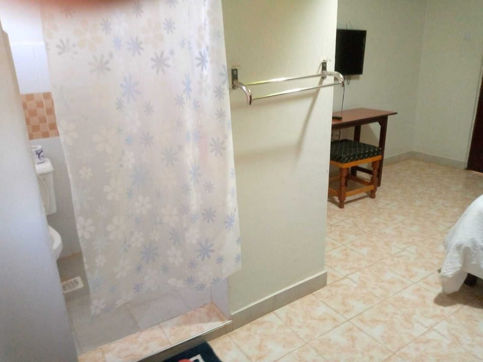 Desk, laptop workspace, blackout drapes, iron/ironing board
