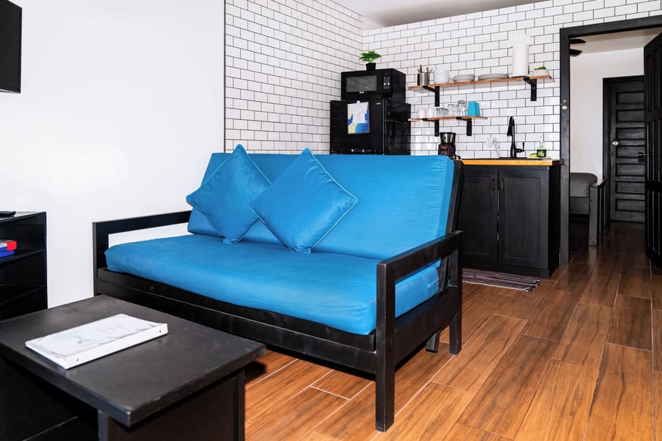 Unwind in your bright, modern living space featuring a comfy sofa (also full futon), sleek kitchenette, and entertainment center for relaxing evenings.