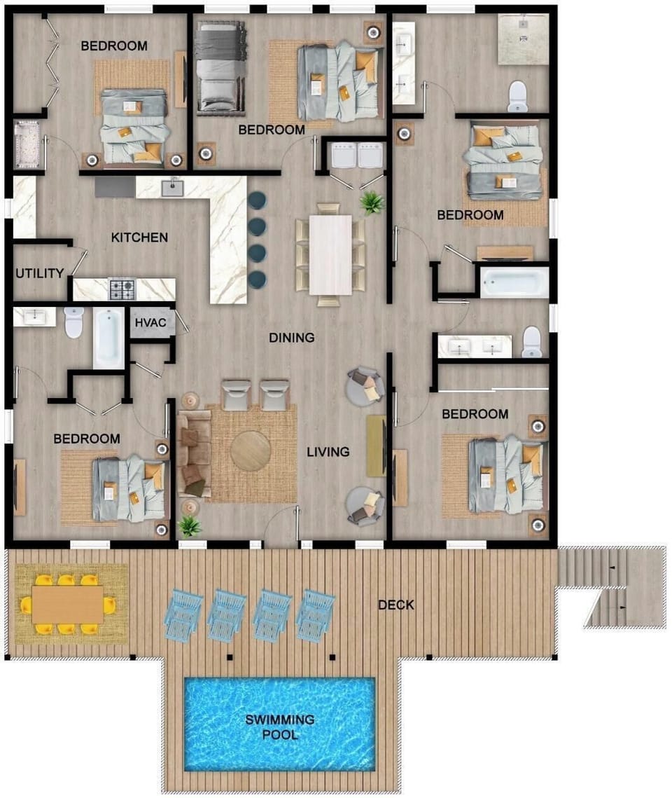 Floor plan, single level. 5BR retreat with private pool, deck dining, and open-c