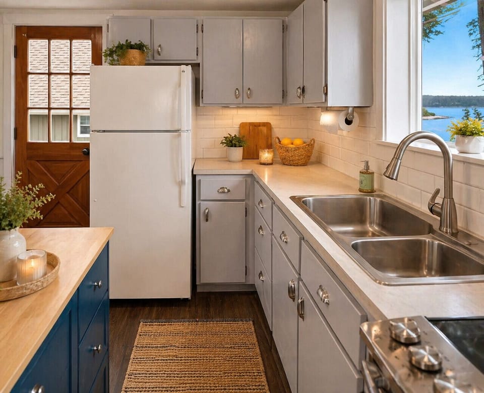 Bright Fully Equipped Kitchen with Clean Finishes & Water Views