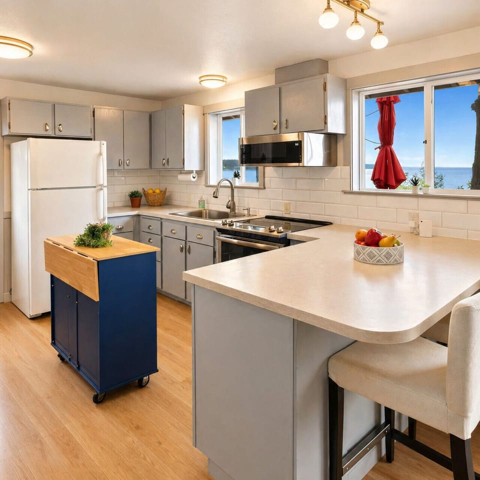 Bright Fully Equipped Kitchen with Clean Finishes, Middle Island & Water Views