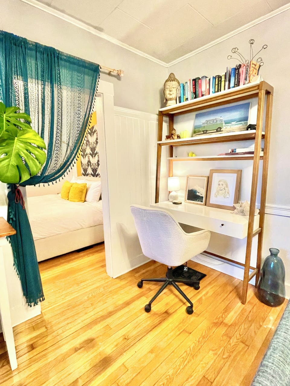 Desk and chair for the quick email follow ups.