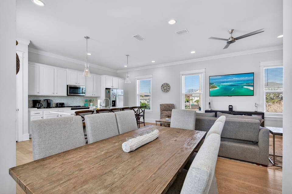 2nd Floor - Open-concept Great Room with adjoining dining area and fully equipped kitchen—ideal for group gatherings, shared meals, and relaxing together after a day at the beach. Designed for comfort, connection, and effortless entertaining.