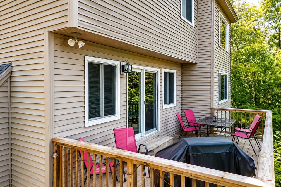 Private deck for relaxing after trails, lake days, village shops, sun