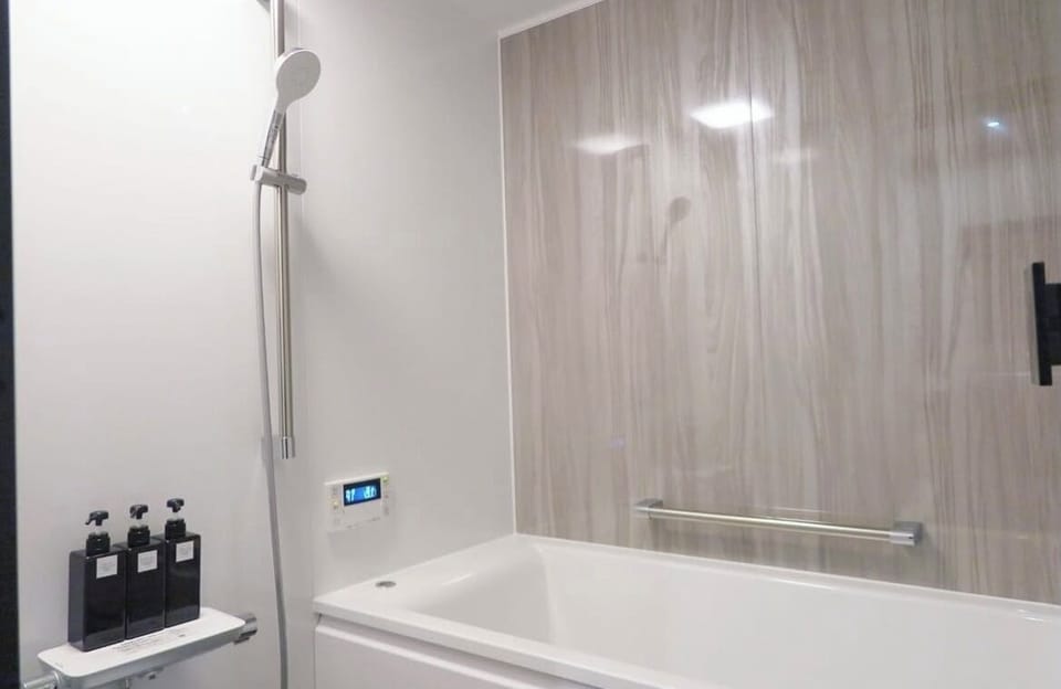 Combined shower/tub, hair dryer, towels, soap