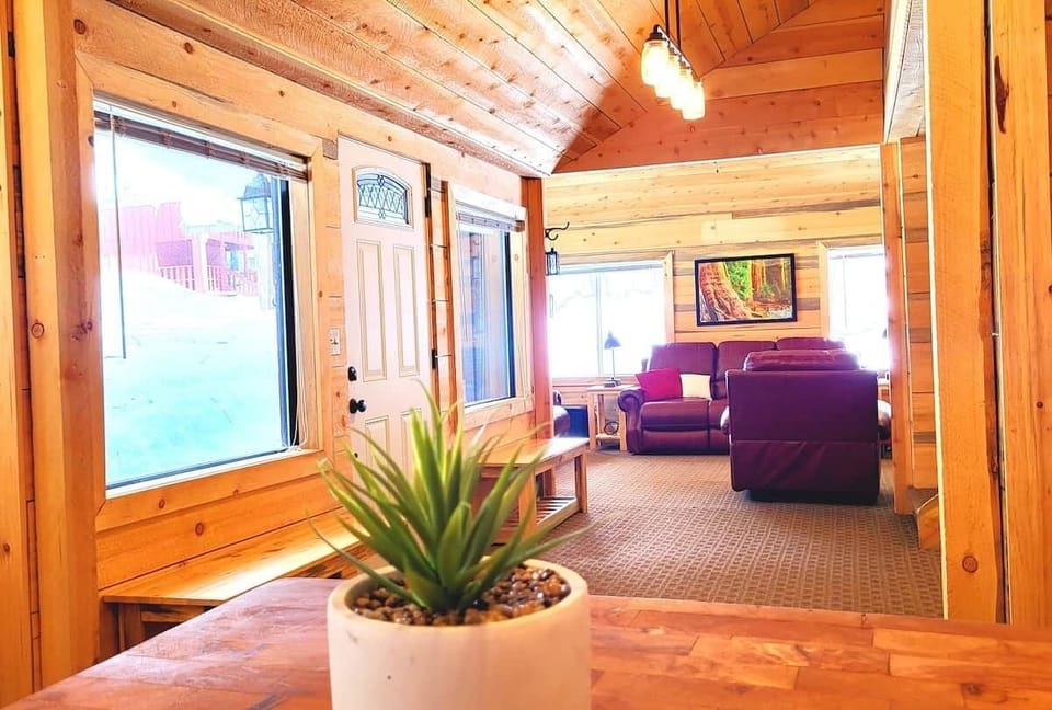 The entry door with the living room in the background.