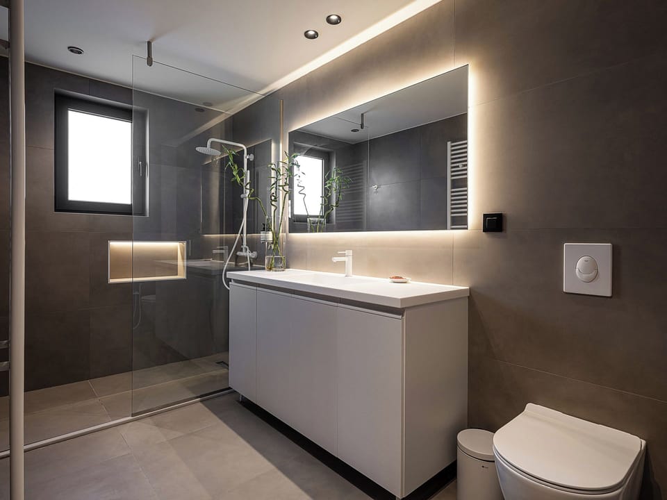 Villa Ekfrasis | Bathroom | Shower, rainfall showerhead, hair dryer, bathrobes