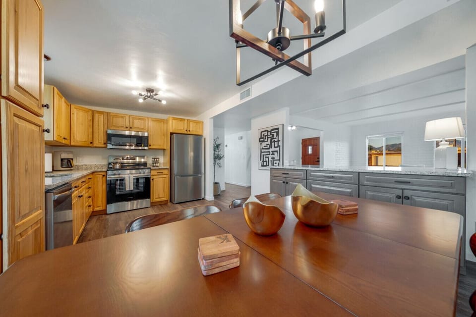 View of the dining area and updated, well-equipped kitchen