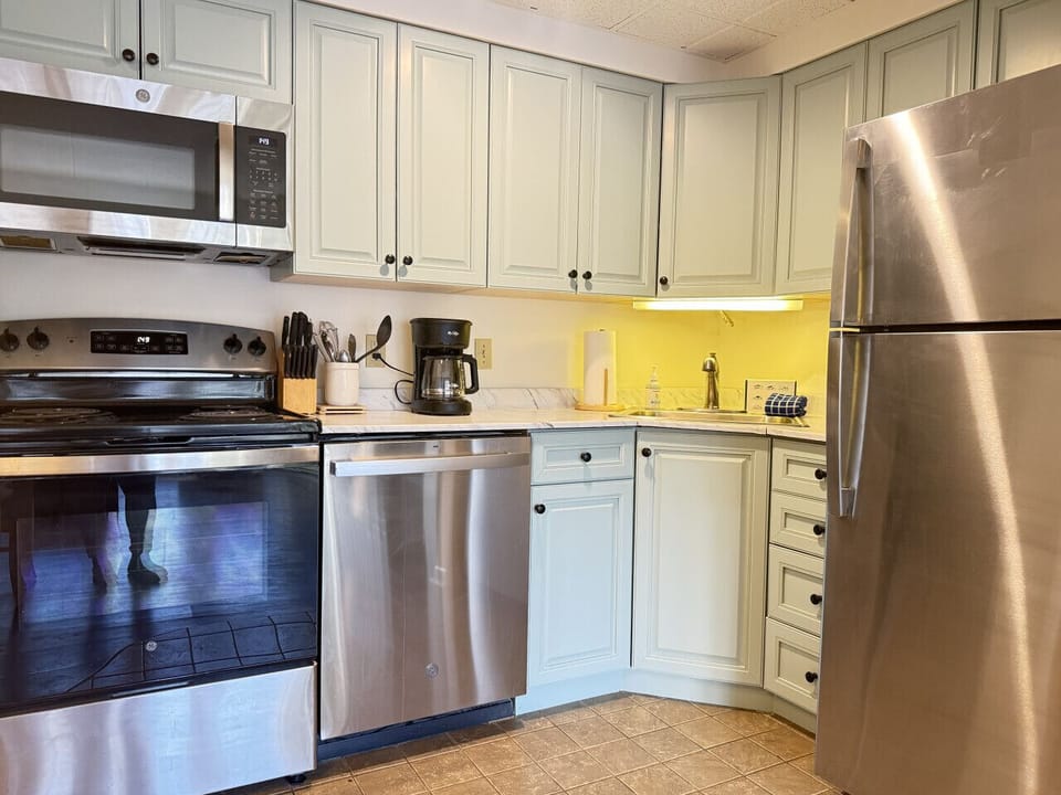 Modern kitchen featuring a full set of amenities for cooking.