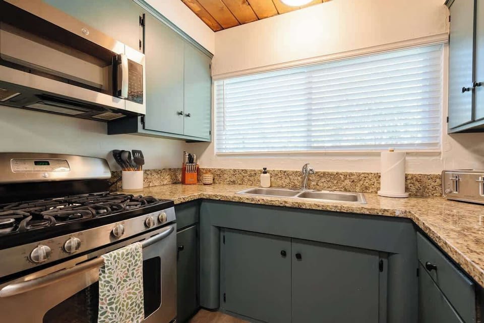 Make use of the stainless steel appliances and eat in during your stay