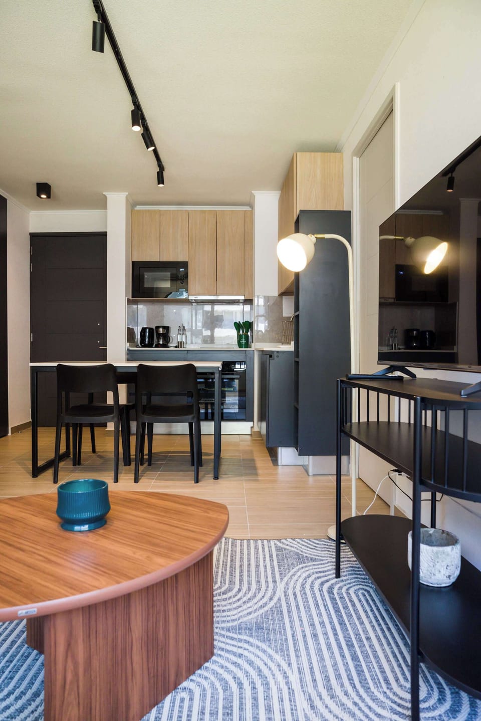 Modern studio kitchen with sleek design and cozy living area, perfect for a comfortable stay in Chile.