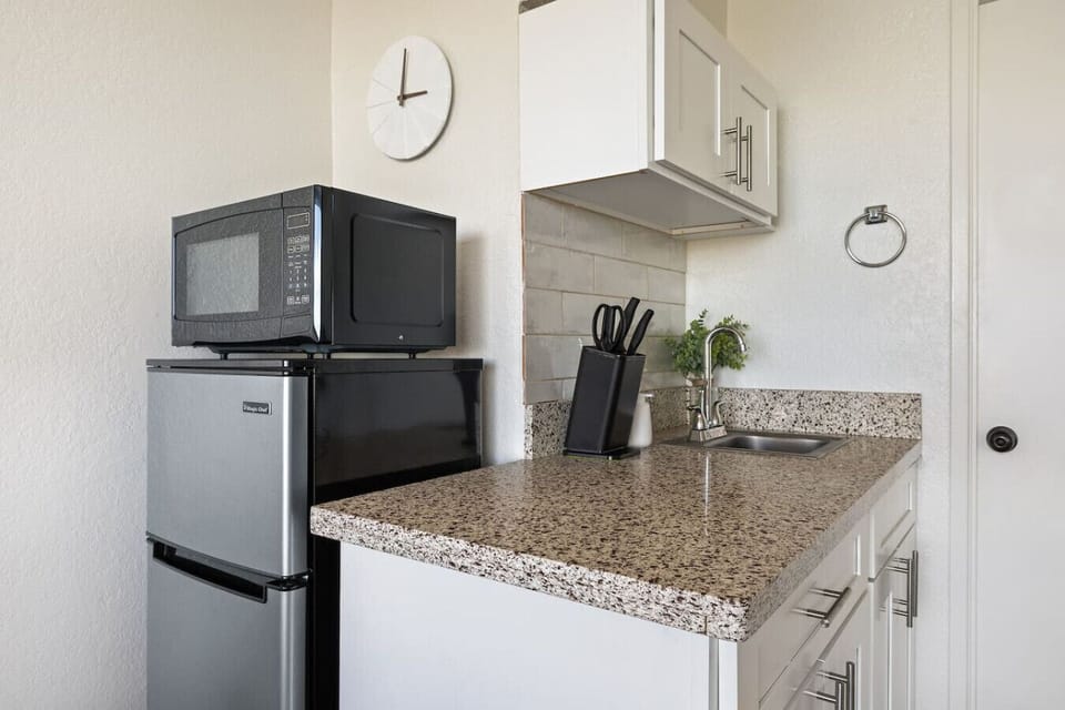 Fully furnished studio with modern kitchenette amenities and a cozy vibe, perfect for your next vacation.