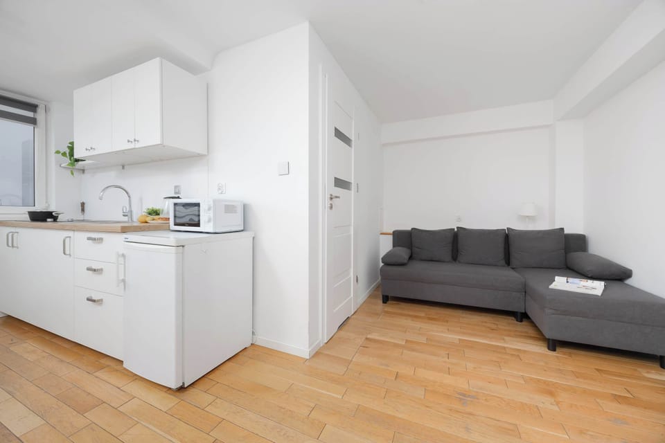 Open living space with kitchen and seating area.