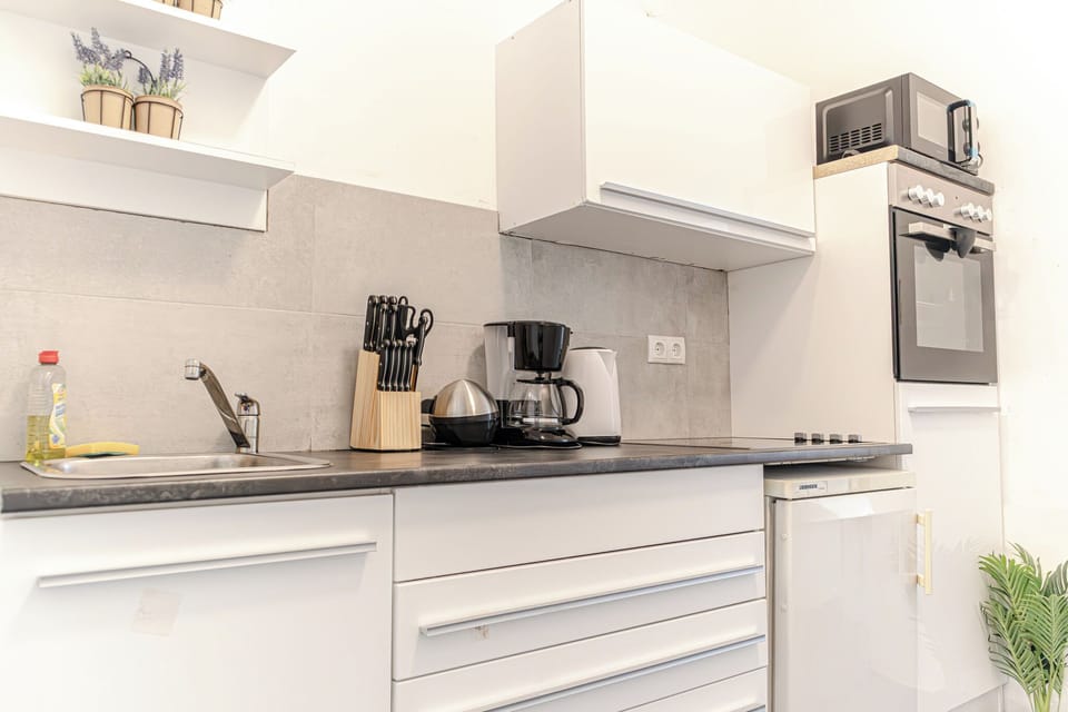 Basic Apartment | Private kitchen | Mini-fridge, oven, stovetop, cookware/dishes/utensils