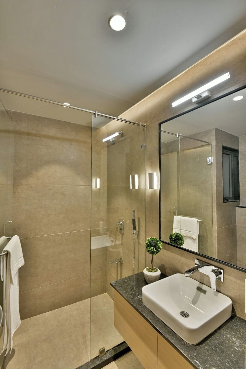 Hair dryer, towels, soap, shampoo