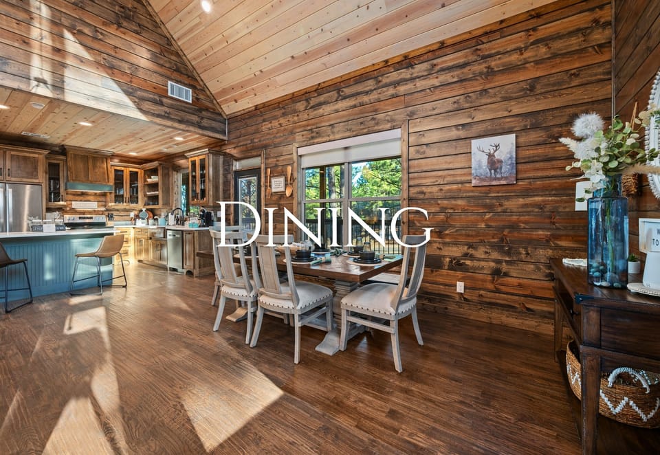 Gather around the dining table for family-style meals, board games, or a slow breakfast while you soak in the peaceful cabin setting.
