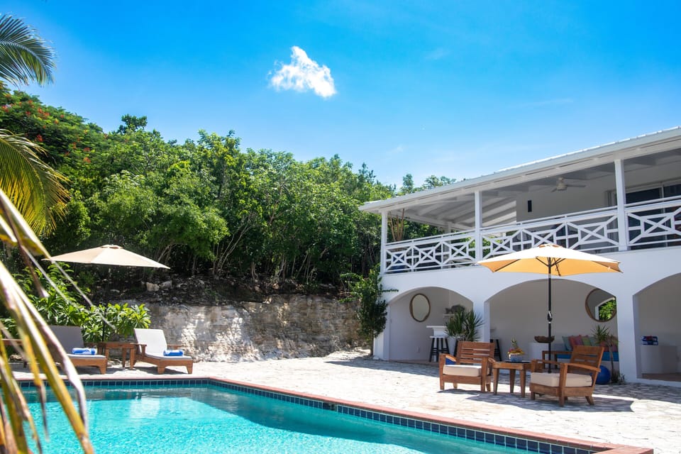 Outdoor pool area with covered bar and lounge area