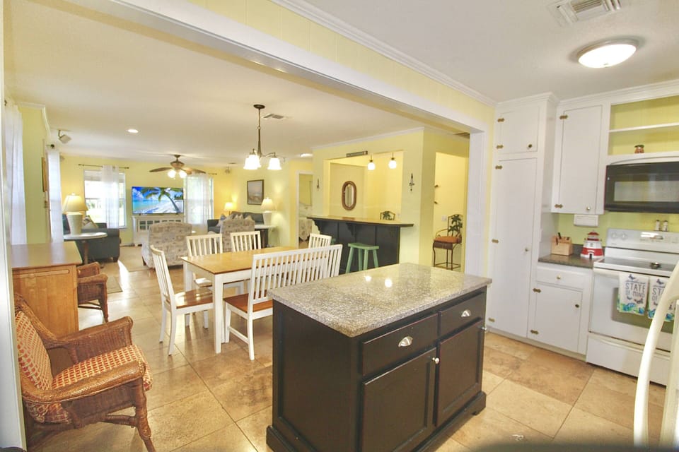 The view from the kitchen looking out into the open floorplan.