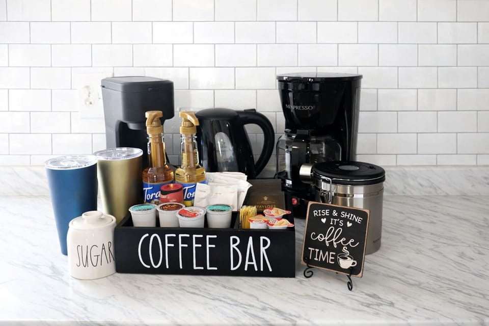 Coffee and tea bar!!! Keurig coffee maker, 12 cup drip coffee maker, tea kettle.
