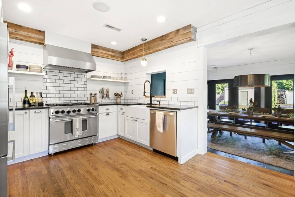 The high-end gourmet kitchen is equipped to create an easy breakfast or a feast.