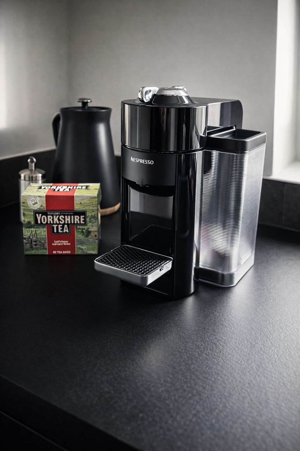 Coffee machine , tea , biscuits and milk in the fridge all waiting for you 