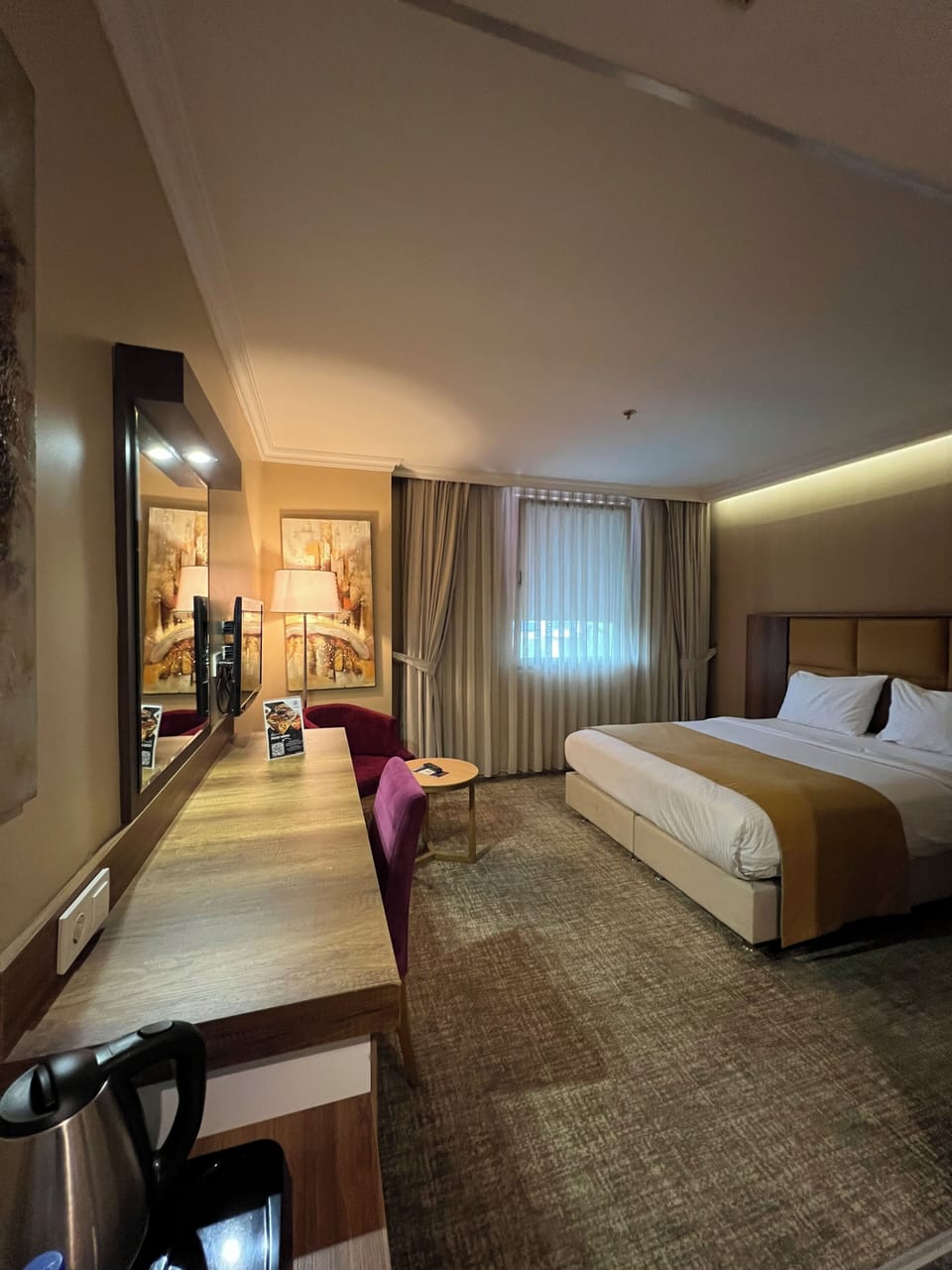 Premium bedding, desk, laptop workspace, free WiFi