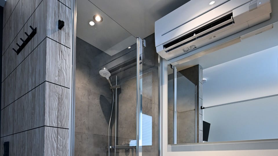 Shower, free toiletries, hair dryer, towels