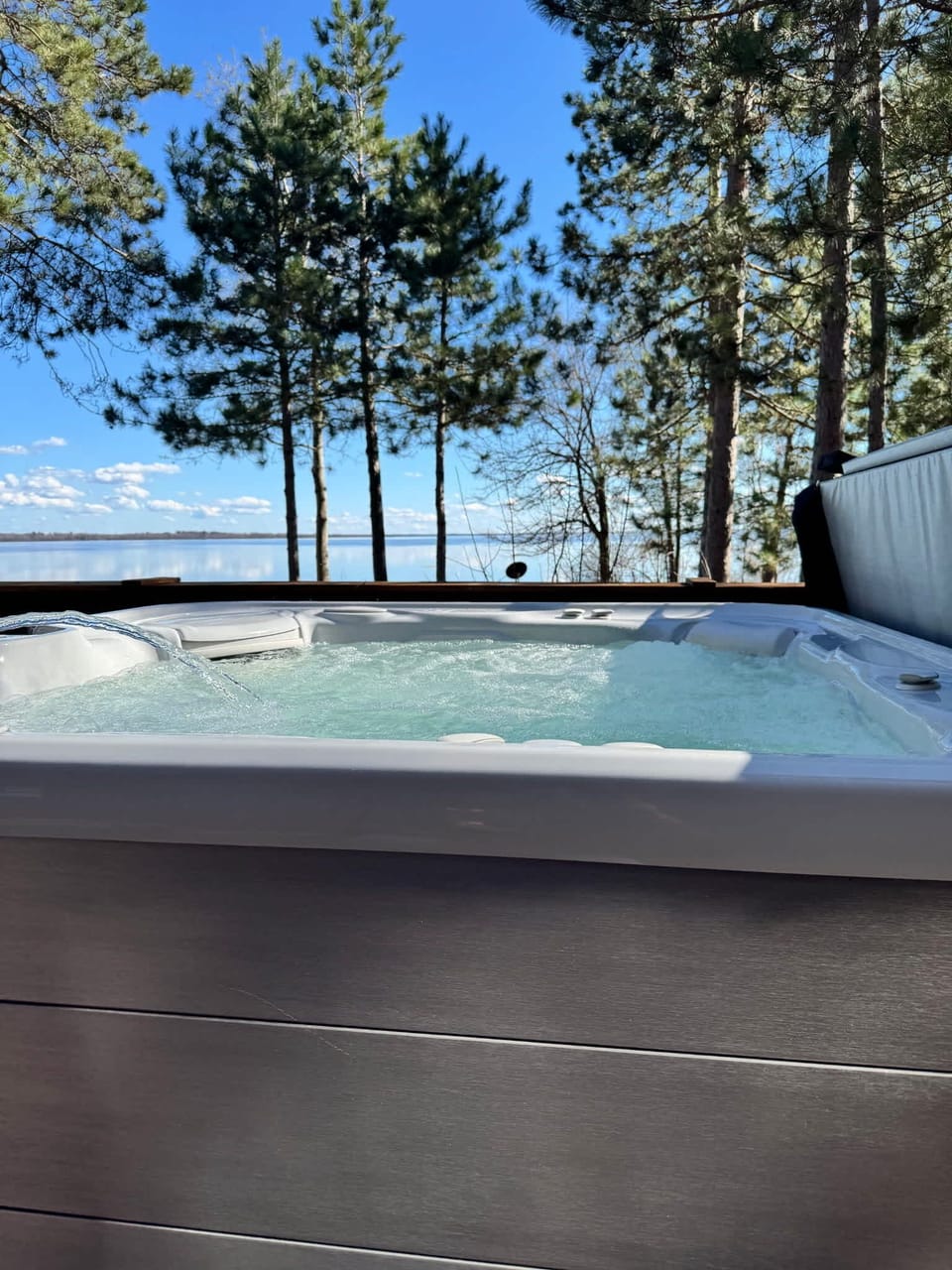 A stunning view of the lake from the hot tub.