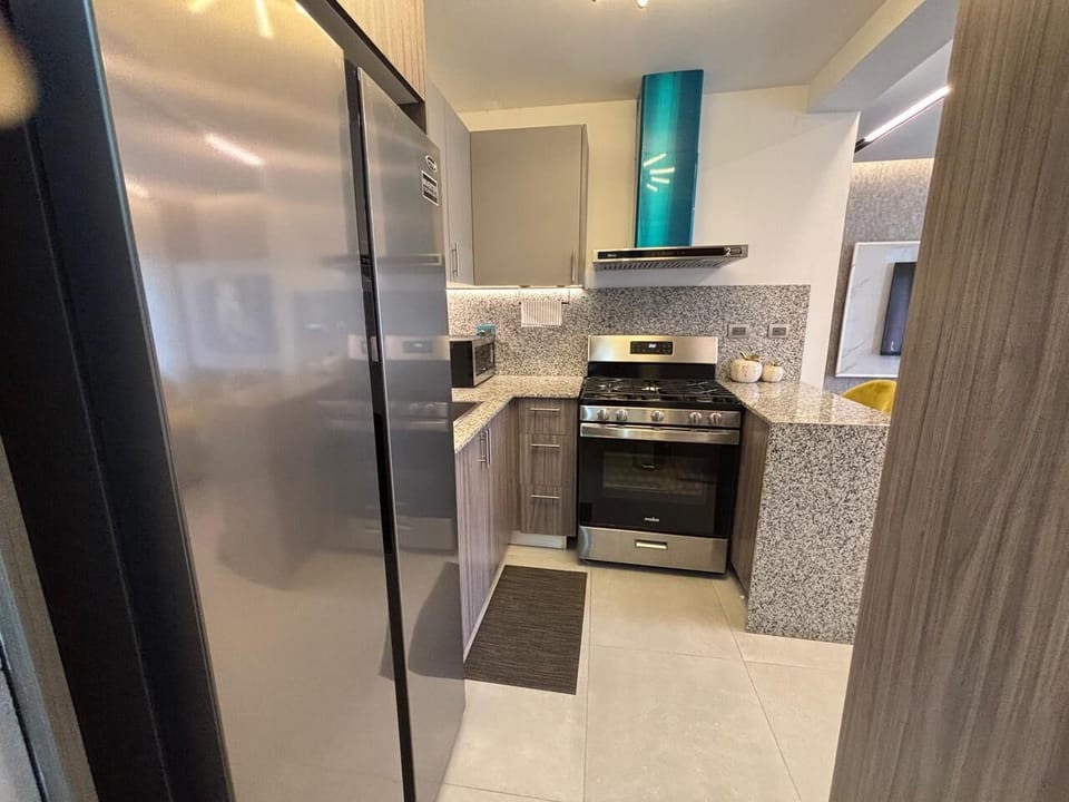 Full-size fridge, microwave, oven, stovetop