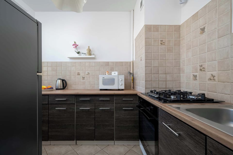 Fully equipped kitchen with oven and gas hob.