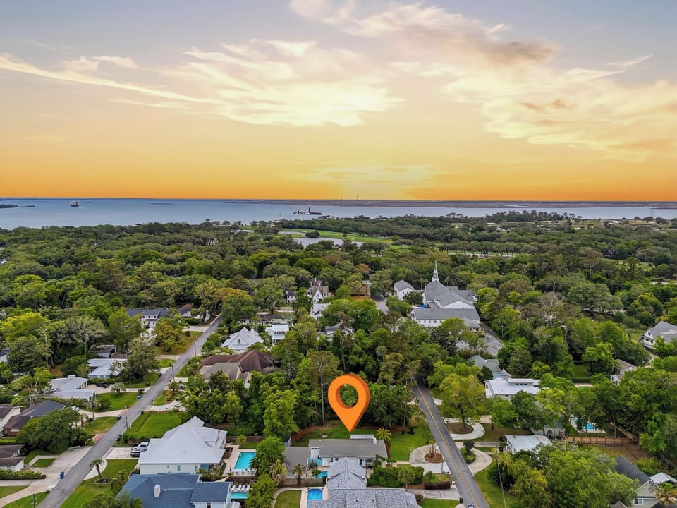 South End Aerial Near Pier Village - Aerial view shows 530 Delegal in a South End St. Simons neighborhood near the Village and pier area.