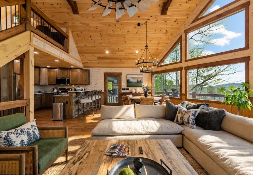 A space that blends perfectly with nature. Neutral tones, soft greens, and mountain views that feel like part of the décor.