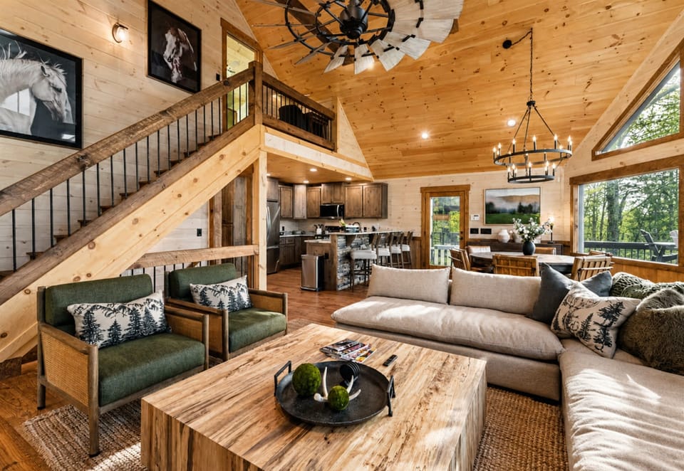 Rustic warmth meets elevated comfort. Your dream mountain getaway starts in this open-concept space.