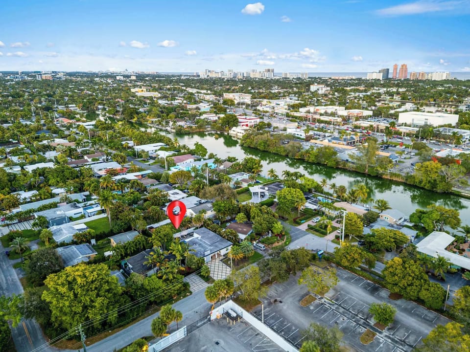 Aerial of the street and the waterways beyond.