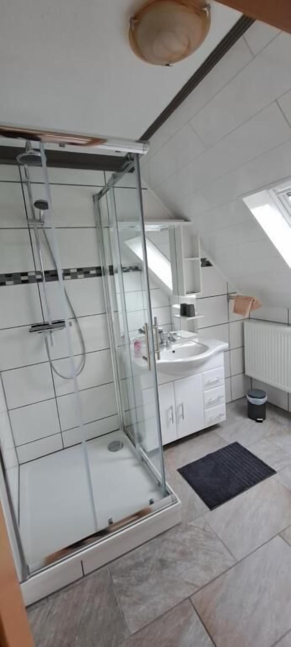 Shower, hair dryer, towels, toilet paper