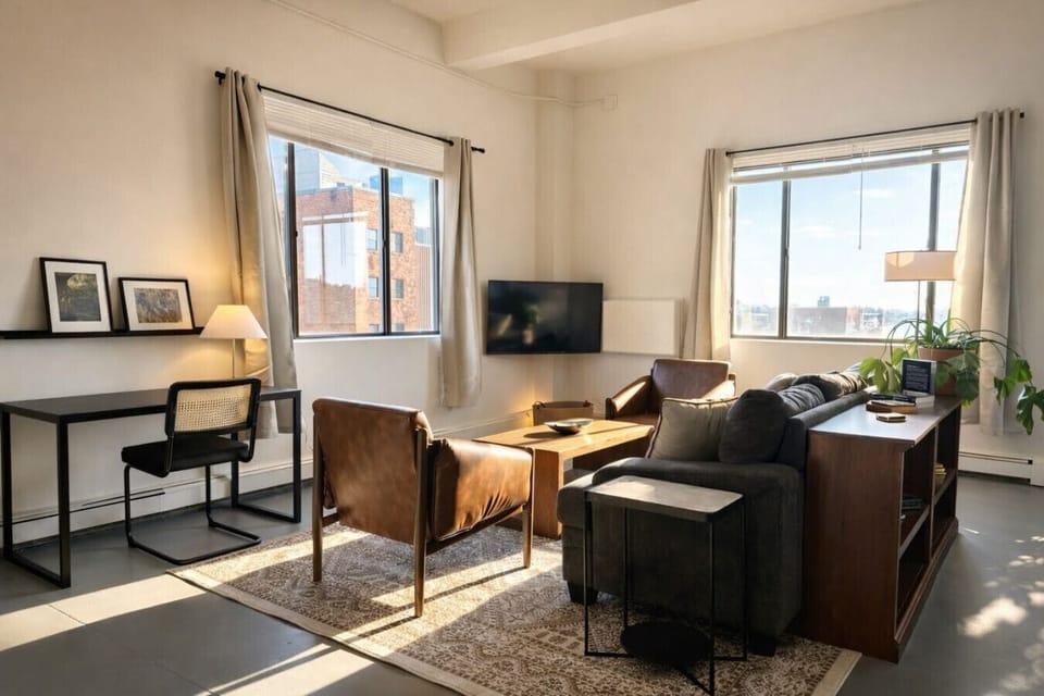 Welcome to your sun-drenched corner studio, featuring a plush queen bed and wall-to-wall windows